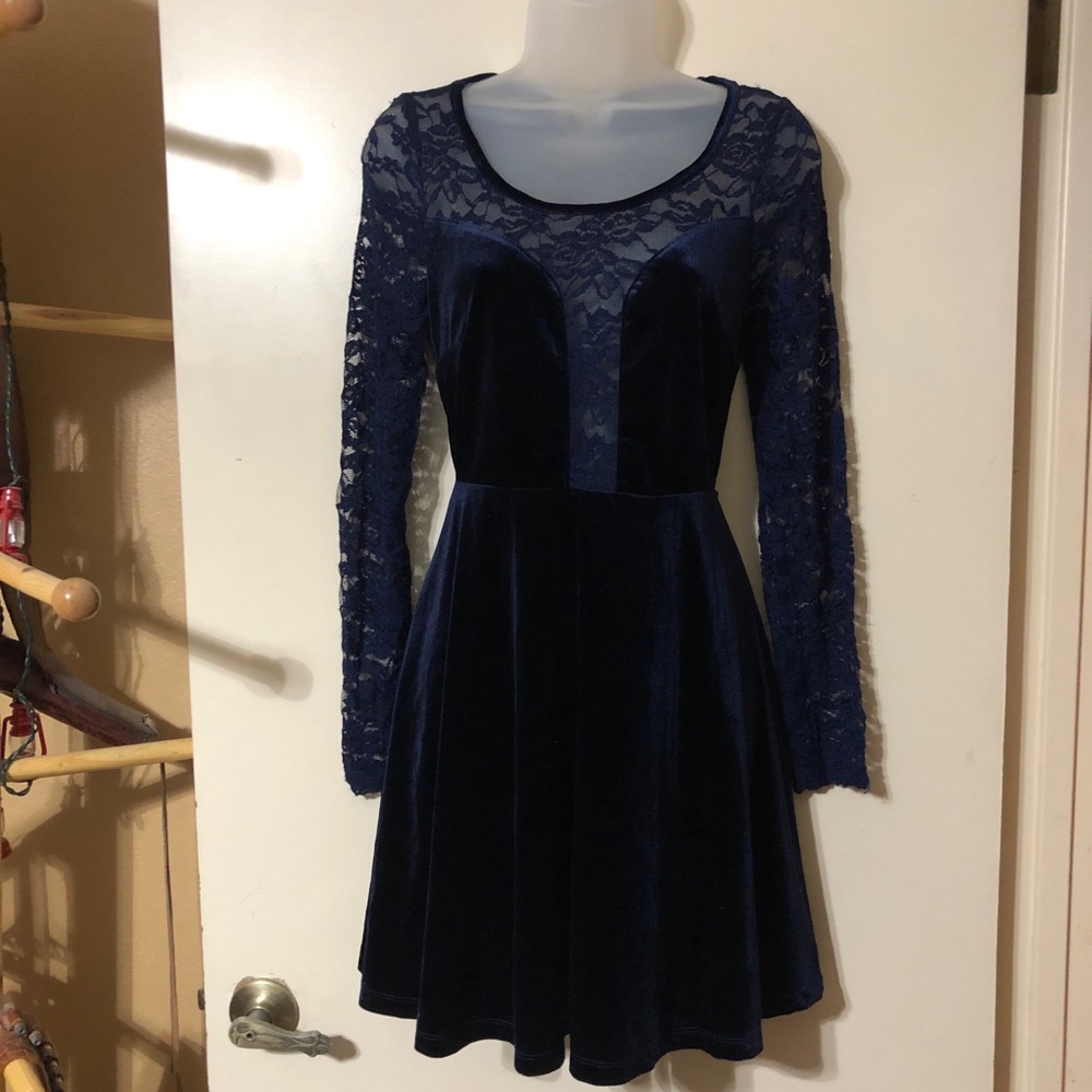Womens Long Sleeve Navy Blue Velvet Dress